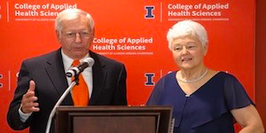 Jim and Karen McKechnie at the podium during the dedication ceremony